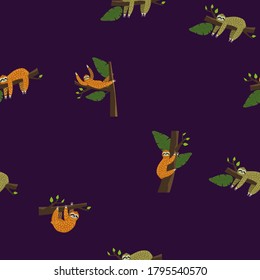 Cute sloth on tree. Seamless pattern with funny sloth, flowers, branch. Vector in the childish style isolated