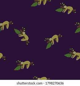 Cute sloth on tree. Seamless pattern with funny sloth, flowers, branch. Vector in the childish style isolated
