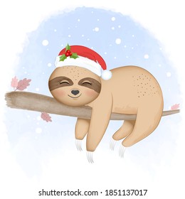 Cute sloth on the tree in winter season hand drawn animal watercolor illustration