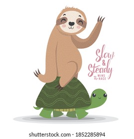 Cute sloth on a cute turtle. Racing cartoon animals, vector illustration. Illustration for nursery design, poster, birthday card ,baby shower and party. Book covers and t shirt graphics for children.