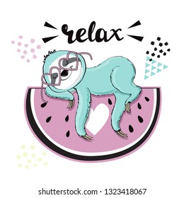 Cute sloth is on the watermelon and the inscription relax