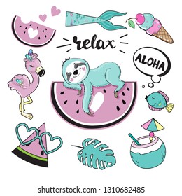 Cute sloth on watermelon and summer elements, flamingo, ice cream, Mermaid's tail on a white background