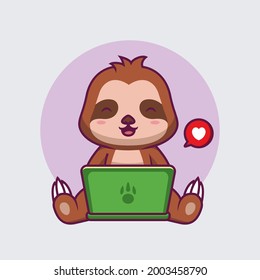 Cute sloth operating laptop cartoon illustration The Concept of Isolated Technology. Flat Cartoon Style Suitable for Landing Web Pages, Banners, Flyers, Stickers, Cards