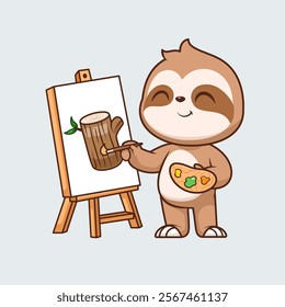 Cute Sloth Painting Branch Tree Cartoon Vector Icon 
Illustration. Animal Art Icon Concept Isolated Premium Vector. 
Flat Cartoon Style 