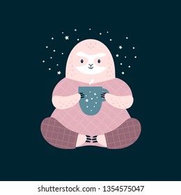 Cute sloth in pajama with cup of tea coffee. Sweet dreams little one. Cartoon character illustration for kids game, book, t-shirt, card, print, poster and decoration.  
