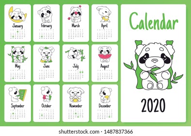 Cute Sloth And Panda 2020 Calendar Design Template With Cartoon Kawaii Characters. Wall Poster, Calender Creative Pages Layout Pack. Childish, Girlish Month Planner Mockup With Doodle Vector Animals