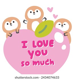 Cute sloth with peach on white background.Line hand drawn style.I love you so much text.Wild animal character cartoon.Japanese fruit.Vector.Illustration.