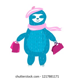 Cute sloth in a pink beret and a scarf comes with shopping bags, the concept of shopping.