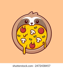Cute Sloth Pizza Cartoon Vector Icon Illustration. Animal Food Icon Concept Isolated Premium Vector. Flat Cartoon Style