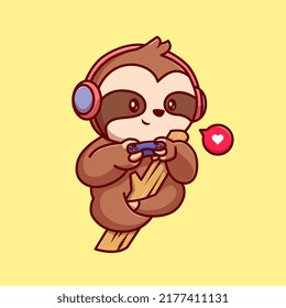 Cute Sloth Playing Game On Tree Cartoon Vector Icon Illustration. Animal Technology Icon Concept Isolated Premium Vector. Flat Cartoon Style