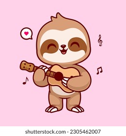 Cute Sloth Playing Guitar Cartoon Vector Icon Illustration. Animal Music Icon Concept Isolated Premium Vector. Flat Cartoon Style