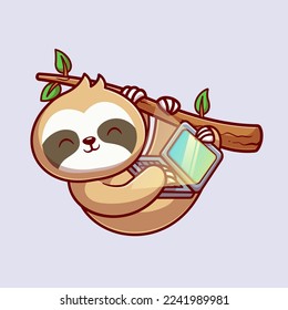 Cute Sloth Playing Laptop On Tree Cartoon Vector Icon Illustration. Animal Technology Icon Concept Isolated Premium Vector. Flat Cartoon Style