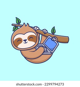 Cute Sloth Playing Laptop On Tree Cartoon Vector Icon Illustration. Animal Technology Icon Concept Isolated Premium Vector. Flat Cartoon Style