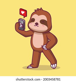 Cute sloth playing phone cartoon illustration The Concept of Isolated Technology. Flat Cartoon Style Suitable for Landing Web Pages, Banners, Flyers, Stickers, Cards