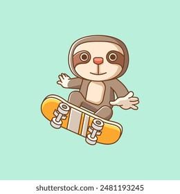 a Cute sloth Playing Skateboard animal kawaii chibi character mascot illustration outline style