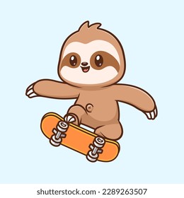 Cute Sloth Playing Skateboard Cartoon Vector Icon Illustration. Animal Sport Icon Concept Isolated Premium Vector. Flat Cartoon Style