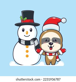 Cute sloth playing with Snowman. Cute christmas cartoon illustration.