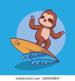 Cute sloth playing surfing cartoon illustration The Concept of Isolated Technology. Flat Cartoon Style Suitable for Landing Web Pages, Banners, Flyers, Stickers, Cards