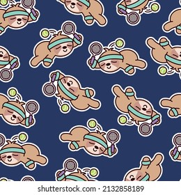 THE CUTE SLOTH IS PLAYING TENNIS. CARTOON PATTERN DESIGN.