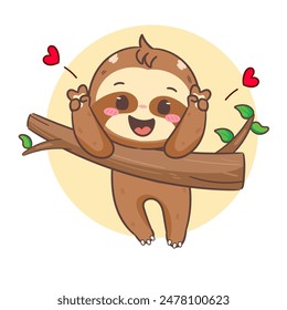 Cute Sloth Posing Peace Hand Sign On Tree Cartoon Character. Adorable and Kawaii Animal Concept Design. Icon Mascot Vector Illustration