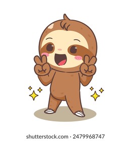 Cute Sloth Posing Peace Hand Sign Cartoon Character. Adorable and Kawaii Animal Concept Design. Icon Mascot Vector Illustration