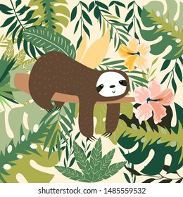 cute sloth postcard in jungle background