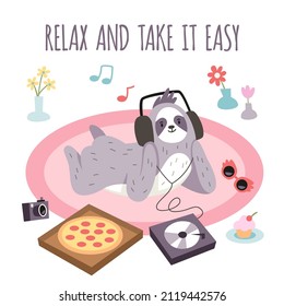 Cute sloth poster. Funny animal listens music, cartoon character with headphones, cozy evening, vinyl record player and pizza, relax and take it easy text, vector concept