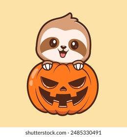Cute Sloth With Pumpkin Halloween Cartoon Vector Icon Illustration. Animal Holiday Icon Concept Isolated Premium Vector. Flat Cartoon Style