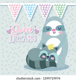  cute sloth and raccoon with bunting flags decoration, cartoon vector illustration for baby shower