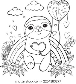 Cute sloth and rainbow fantasy. Valentine's day. Hand drawn with black and white lines. Coloring for adults and kids. Vector Illustration.