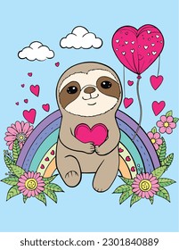 Cute sloth and rainbow fantasy. Valentine's day. Hand drawn with black and white lines. Coloring for adults and kids. Vector Illustration.