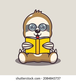 Cute sloth reading a book. Cute cartoon animal illustration.