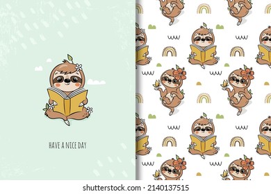 Cute sloth reading book cartoon card and seamless pattern