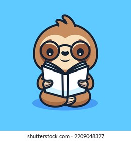 Cute sloth reading book mascot vector illustration