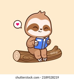 Cute Sloth Reading Book On Branch Tree Cartoon Vector Icon Illustration. Animal Education Icon Concept Isolated Premium Vector. Flat Cartoon Style