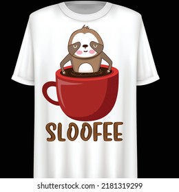Cute Sloth Relaxing In Cup Of Coffee, Cartoon Character, Vector illustration. T-Shirt design.