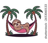 Cute Sloth Relaxing in Hammock Between Palm Trees Cartoon Illustration