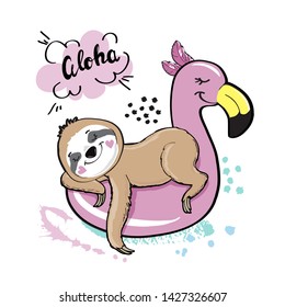 Cute sloth rests on a pink flamingo on a white background