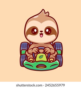 Cute Sloth Riding Gocart Cartoon Vector Icon Illustration. Animal Sport Icon Concept Isolated Premium Vector. Flat Cartoon Style