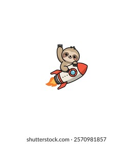 Cute sloth riding rocket and waving paw cartoon, vector illustration