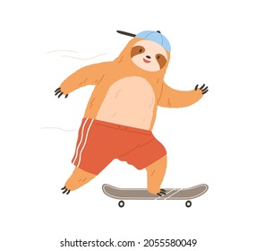 Patinaje deportivo. Genial y divertido patinaje a bordo. Feliz patinaje de animales sonrientes. Patinador esponjoso. Ilustración vectorial plana coloreada aislada en fondo blanco