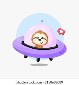Cute sloth riding a ufo icon illustration