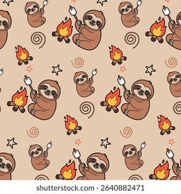 Cute Sloth Roasting Marshmallows by Campfire Pattern	