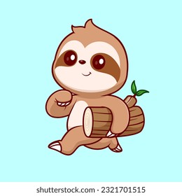 Cute Sloth Running With Wood Tree Cartoon Vector Icon Illustration. Animal Nature Icon Concept Isolated Premium Vector. Flat Cartoon Style