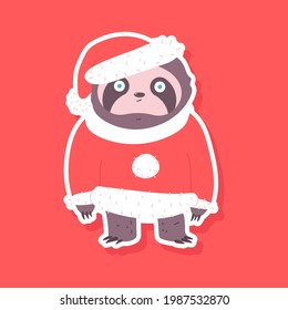 Cute sloth in Santa Claus costume vector sticker illustration isolated on background.