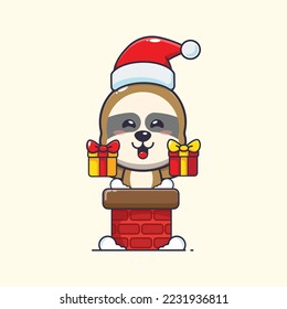 Cute sloth with santa hat in the chimney. Cute christmas cartoon illustration. 