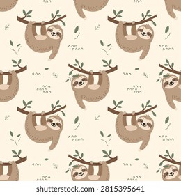 Cute Sloth Seamless Pattern, Adorable Lazy Animal Hanging on Tree Branch Illustration, Minimalist Muted Pastel Earth Tones Nursery Kids Wallpaper Repeatable Surface Pattern Design