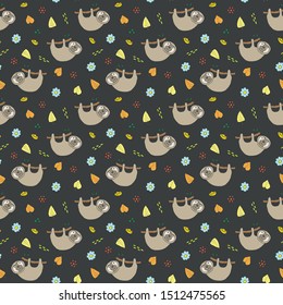 Cute Sloth Seamless Pattern, Cartoon Hand Drawn Animal Doodles Vector Illustration Background .