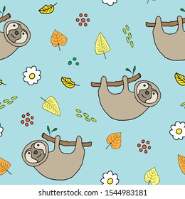 Cute Sloth Seamless Pattern, Cartoon Hand Drawn Animal Doodles Vector Illustration Background .