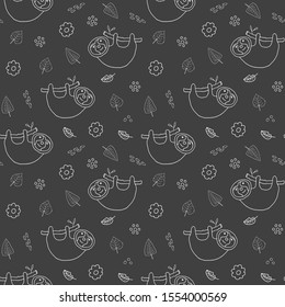 Cute Sloth Seamless Pattern, Cartoon Hand Drawn Animal Doodles Vector Illustration Background .